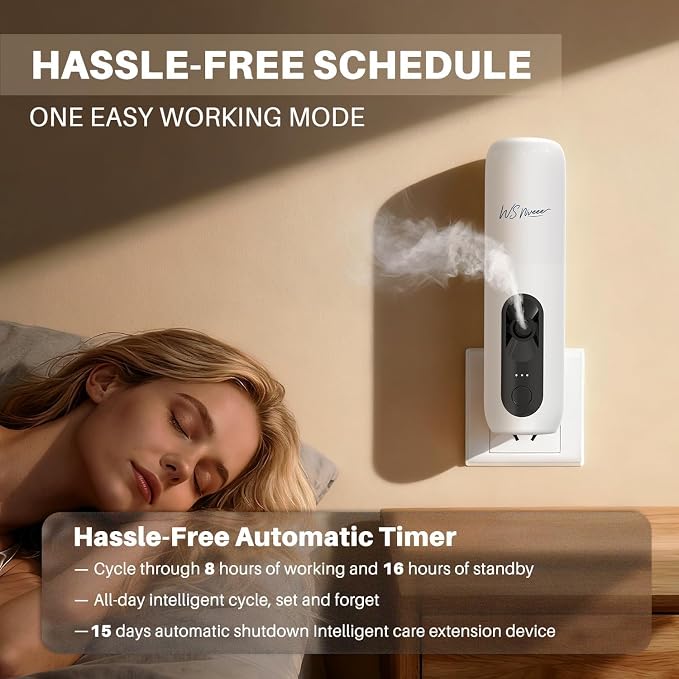 Waterless Essential Oil Diffuser Plug in wall, Automatic Home Frangrance Diffuser for Bedroom Bathroom Kitchen, 25dB Ultra-Quiet Aroma Diffuser, Works with Most Essential Oils and Pure Aroma Oil