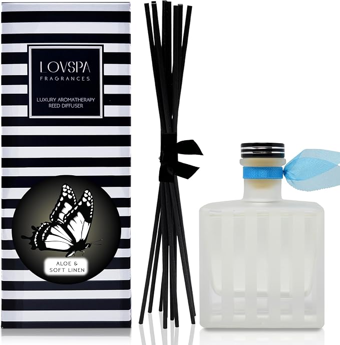 Reed Diffuser Set, Aloe & Soft Linen Scented Oil Diffuser with Sticks, Home Fragrance Accessories for Bathroom Shelf Decor, Aroma Diffusers for Home or Office Desk, USA Made