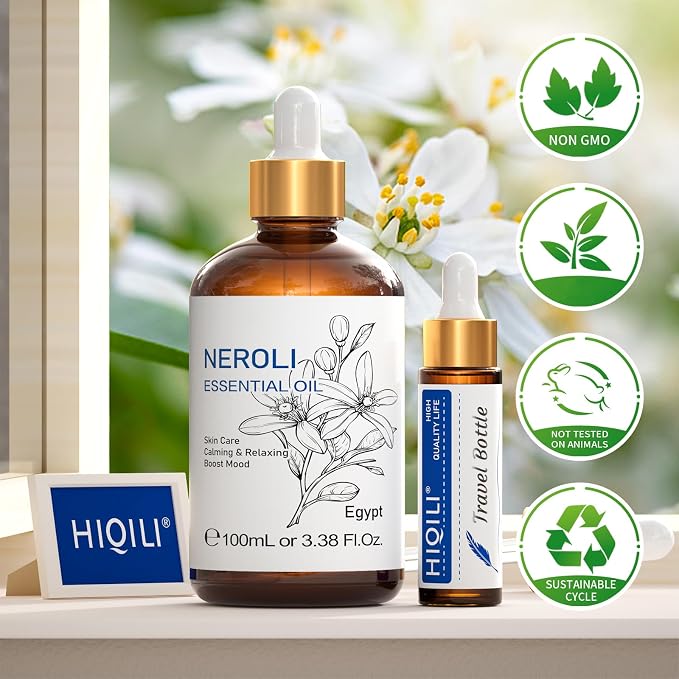HIQILI Neroli Essential Oil 3.38 Fl Oz, Neroli Oil for Skin, Diffuser, Includes 10ML Travel Bottle - 100ML