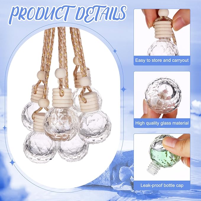 60 Pcs Hanging Car Air Freshener Car Diffuser Bottle Empty Glass Perfume Bottles Air Freshener Diffuser Bottle Pendant for Essential Oils Fragrance Aromatherapy Ornament Decor (Round Diamond)