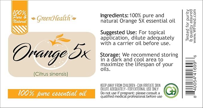 Orange 5X Essential Oil – 8 fl oz (237 ml) Aluminum Bottle w/Plug Cap – 100% Pure Essential Oil – GreenHealth