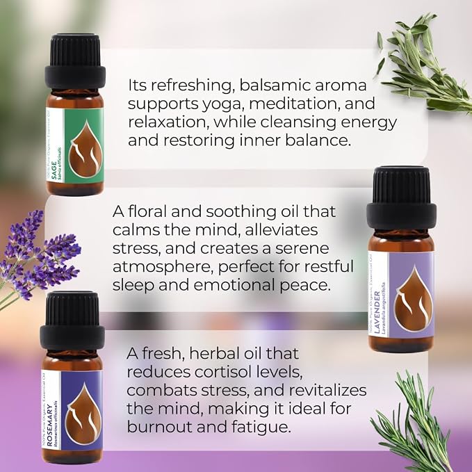 Set Bliss Organic Essential Oils | Rosemary + Sage + Lavender | 100% Pure and Natural | Undiluted | Therapeutic Grade | Family-Owned Farm | Non-GMO | (3 pcs x 10 ml)