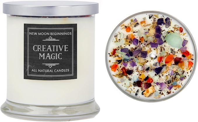 Creative Magic Candles by New Moon Beginnings - Focus, Creativity, & Concentration - Herb & Crystal Candles - Soy Aromatherapy Candle - 12oz Glass Jar