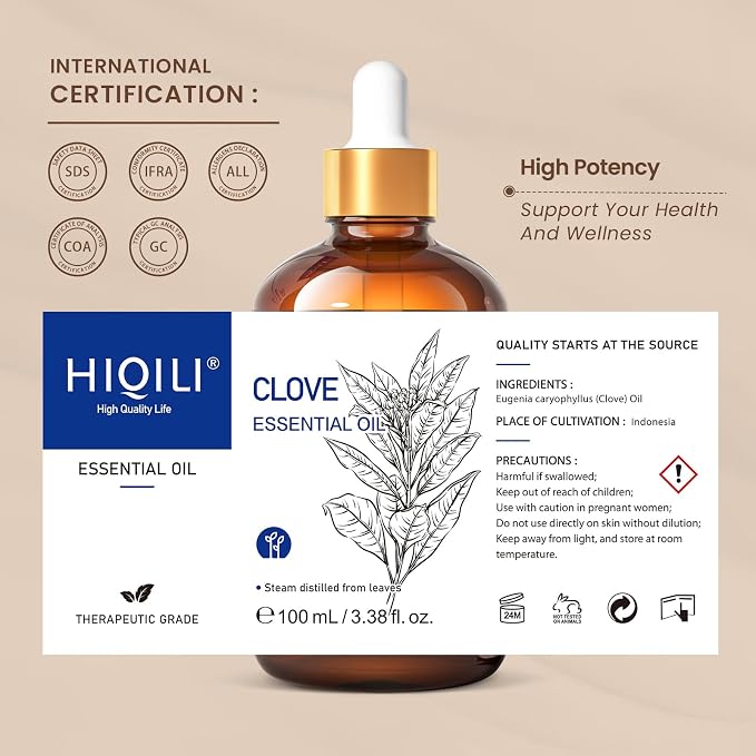 HIQILI 100ML Clove Oil for Teeth and Gums, Tooth Aches, Spray, Aromatherapy - 3.38 Fl Oz