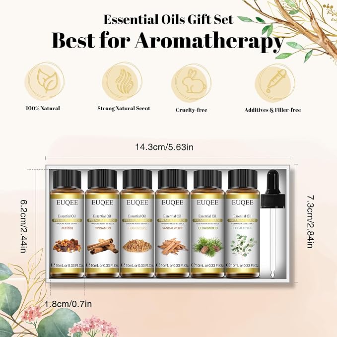 EUQEE 10ml Woody Essential Oils Set - Pure & Nature Essential Oils for Aromatherapy, Diffuser, Candle Making, Massage - Eucalyptus, Cedarwood, Sandalwood, Frankincense, Cinnamon