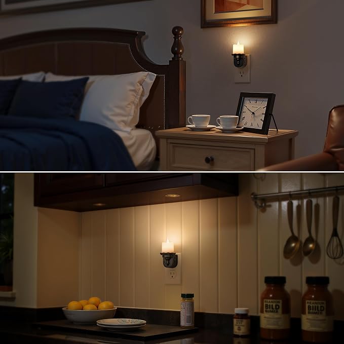 Briignite Candle Night Light, Warm White Night Lights Plug into Wall 2 Pack, LED Flicker Candle Night Light with Light Sensor, 0-100LM Dimmable Nightlight for Kids Hallway Bathroom
