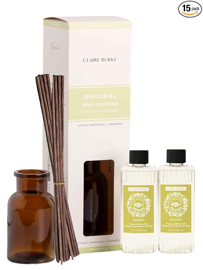 Claire Burke Reed Diffuser Set with 2 Reed Diffuser Oil Refills, Diffuser Sticks, and Glass Diffuser