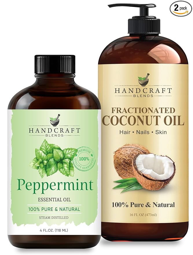 Handcraft Blends Cooling Massage Set: Fractionated Coconut Oil (16 Fl Oz) and Peppermint Essential Oil (4 Fl Oz) – 100% Pure & Natural – Carrier Oil for Dilution and Body Care