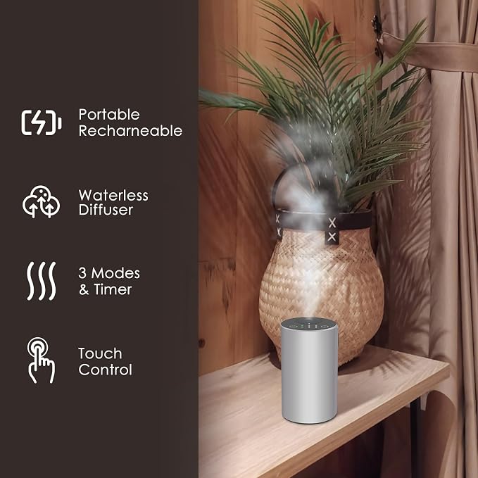 Waterless Essential Oil Diffuser, Battery Powered Mini Scent Air Machine, Aromatherapy Mist Diffuser for Home Room Car Office，Black Aluminum Alloy (Silver)