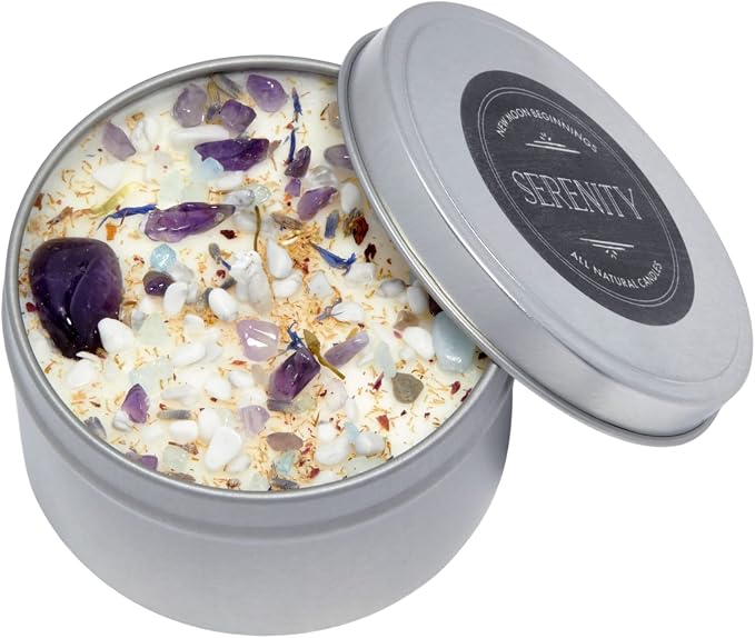 Lavender Chamomile Candle by New Moon Beginnings - Calming Energy Candle - Crystal Candle & Herb Candle - Aromatherapy Candle - Essential Oil Candle (8 Ounce Round Tin)
