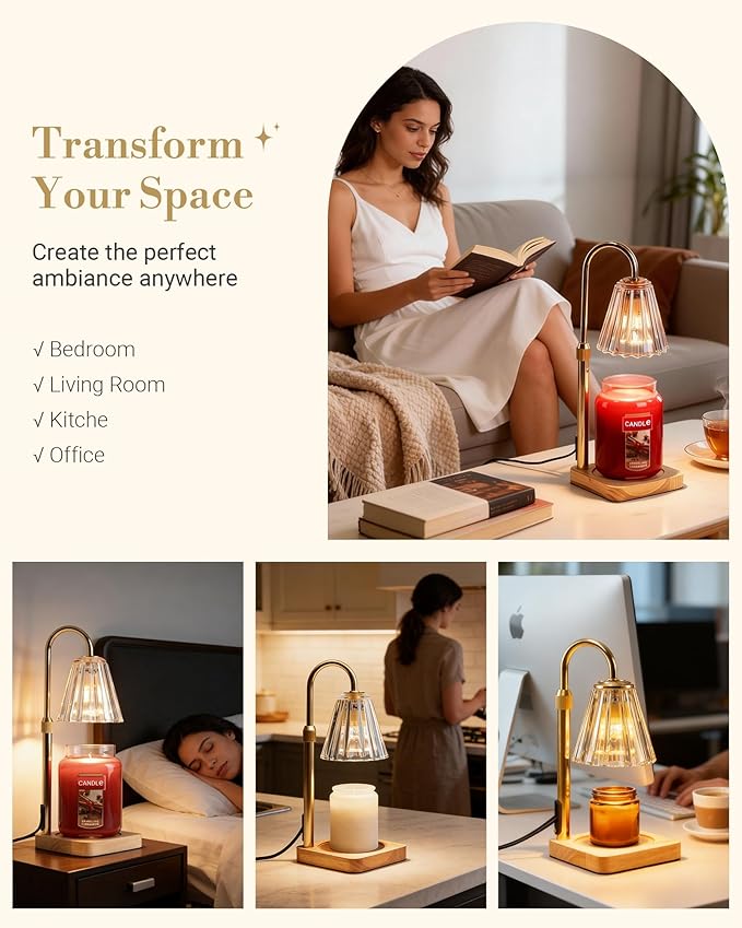 Marycele Candle Warmer Lamp with Timer & Dimmer - Mothers Day Gifts for Women Mom Her, Aesthetic Office Home Decor, Adjustable Height Wax Melter for Candle Jar & 3-Wick Candles (2 Bulbs Included)