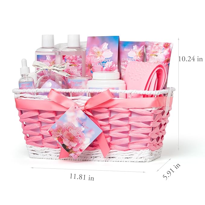 Spa Bath & Body Gift Set for Women, Large Spa Gift Set Basket for Women | Cherry Blossom Bath and Body Gift, spa kit Self Care Pampering Kit, Diffuser, Home Spa, cosmetic Bag, Birthday, Bridal Shower
