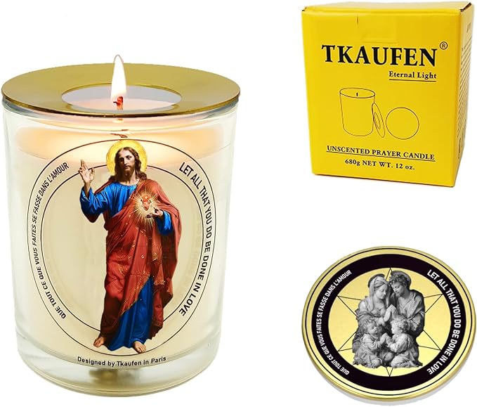 Sacred Heart of Jesus Candle, 50 Hours with Warmer Ring│Hand-Poured Soy Wax│Family Protection, Success, Redemption, Healing, Forgiveness, Prenatal Blessing│Design in Paris│3“×3.6”