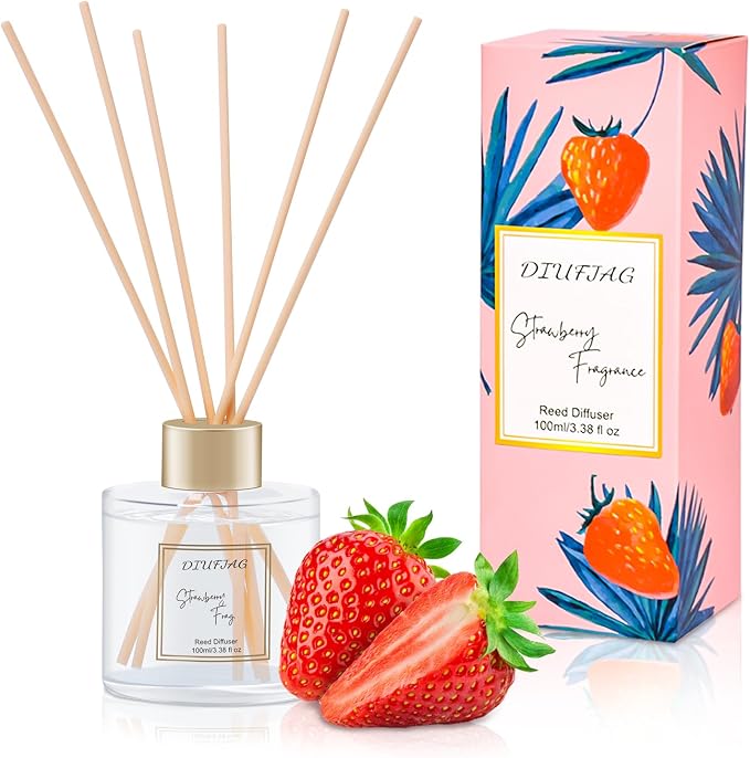 100ml Scent Diffuser with 6 Fiber Sticks, 3.5 oz Reed Diffuser Set Aromatherapy Fragrance Diffusers Air Fresheners for Home Bedroom Bathroom (Strawberry)