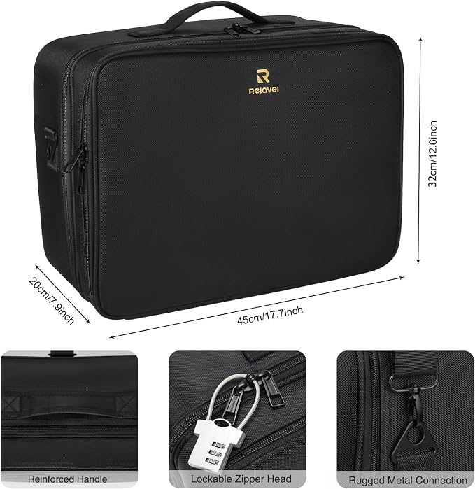 Relavel Extra Large Makeup Case, Makeup Artist Set Bag Professional Cosmetic Organizer Bag Storage Box with Makeup Brush Holder, Adjustable Dividers and Shoulder Strap, Black