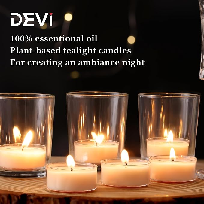 DEVI Moonlit Gardenia Scented Tea Lights Candles 12 Pack, 3.5-4 Hours Natural Palm Tea Candles Bulk for Home Scented, Highly Scented Small Votives with Essential Oils for Home Aromatherapy, Gifts