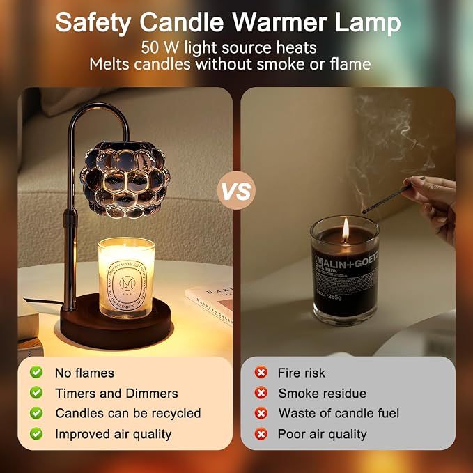 Candle Warmer Lamp with Timer Adjustable - Height Candle Warmer, Dimmer, Black Glass Wax Melting Lamps for Home Decor, for Candles in Jars with 2 Bulbs