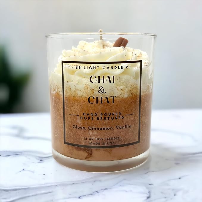Cinnamon Candle | Purpose-Driven Soy Candles | 12oz Dessert Candle | Gifts for Women | Starbucks | Brown | Mother's Day Gift for Women | Be Light Candle RE (Chai & Chat)