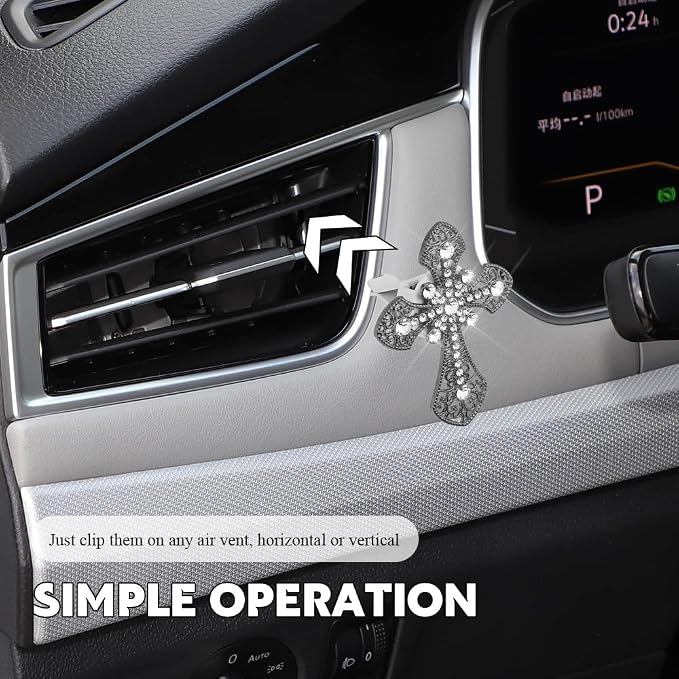 Bling Car Air Vent Clip, Crystal Cross Car Air Fresheners, Rhinestone Vehicle Air Conditioner Outlet Diffuser Vent Clip, Bling Car Interior Accessories Fit for Women and Man (Black, Style 1)