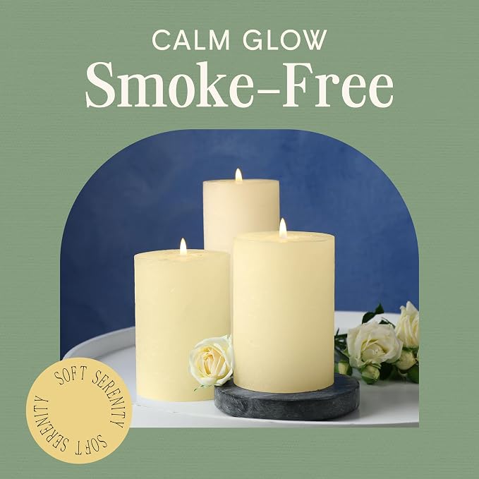 Mister Candle Dripless Unscented Pillar Candles, Set of 3 Hand Poured Ivory Pillar Candles, Solid Color Non-Scented Candles for Home Decor, Premium Wax, 80 Hr Burn Time, 3x6 Inch
