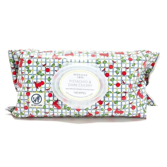 Beekman 1802 Face Wipes – Makeup Remover Wipes for Face, Facial Cleansing Wipes that Remove Makeup & Dirt, Travel Essentials, Face Wipes with Goat Milk & Aloe, Pistachio Dark Cherry 100 Count