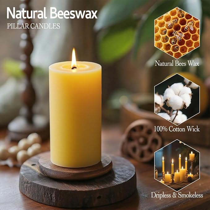 Beeswax Candles Set of 6, Non Toxic Natural Pillar Candle Bulk | Clean Burn, Paraffin Free, No Fragrance, Pet-Friendly, Assorted Size, Home Decor, Air Purify,Smokeless, Dripless, Emergency