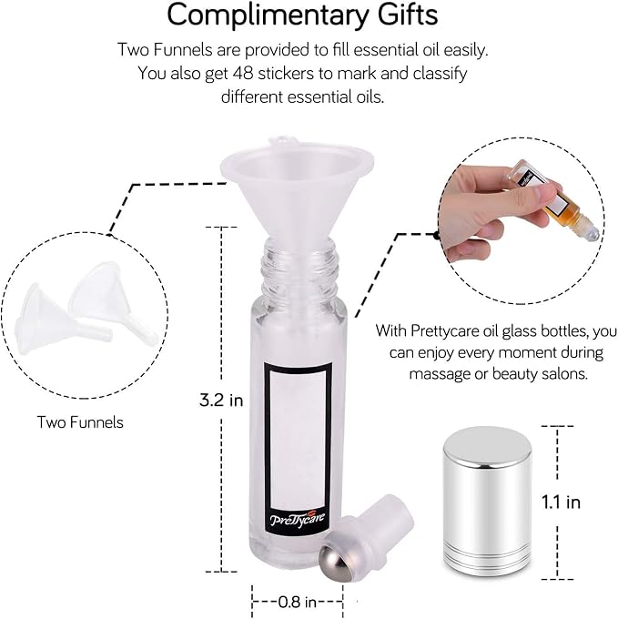 PrettyCare Set of 60, 10 ml Essential Oil Roller Bottles with Stainless Steel Roller Ball - Bulk Refillable Leak-proof Empty Clear Glass Roll on Bottles with Silver Metal Caps for Travel, Perfume