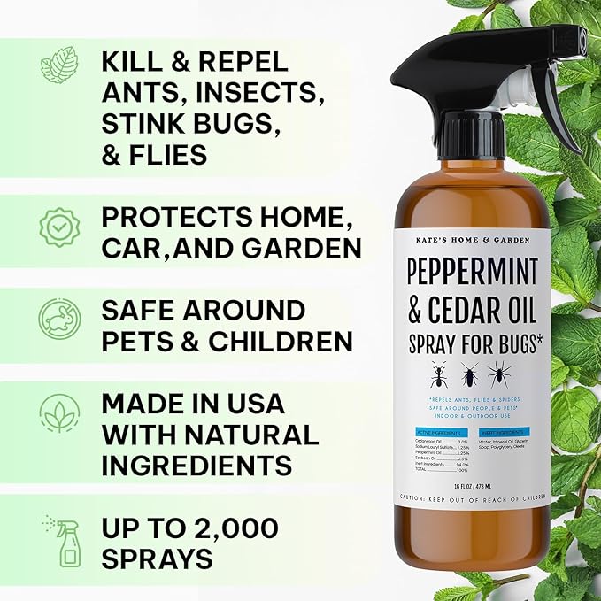 Kate's Home & Garden Peppermint Oil Spray for Bugs, Ants, Insects, Spiders, Roaches, Stink Bug. Pesticide and Insecticide Indoor Repellent Pest Control with Cedar Oil (16oz, Natural, Non Toxic)