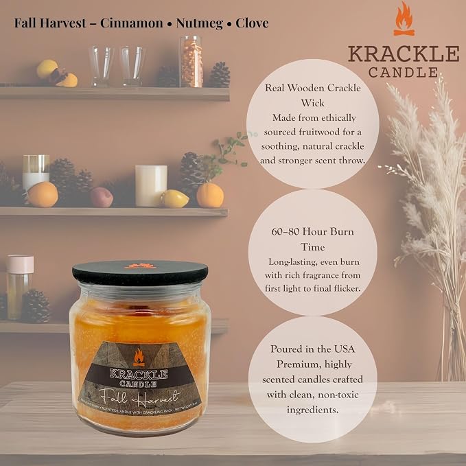 Krackle Candle | Fall Harvest | 16 oz Scented Candle with Natural Crackling Wooden Wick | Poured in the USA | Cinnamon, Nutmeg & Clove Fragrance