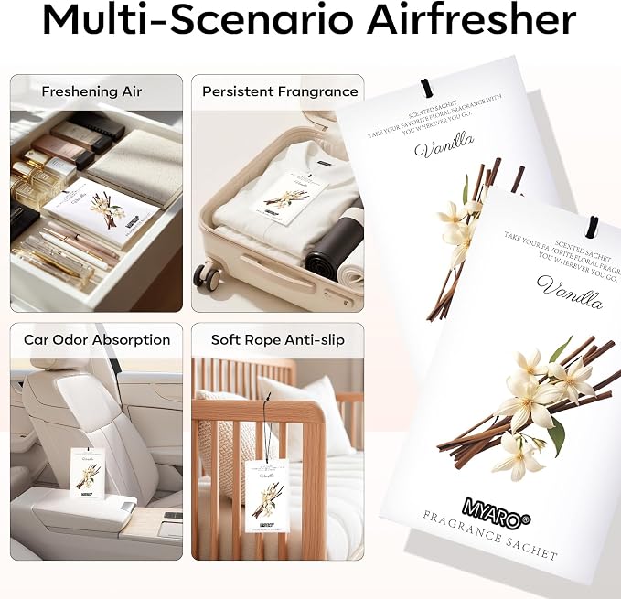 MYARO 12 Packs Vanilla Scented Sachets for Drawer and Closet, Long-Lasting Closet Sachet Bags Drawer Deodorizers Fresh Scents, Home Fragrance for Lover