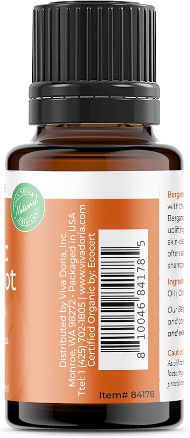 Viva Doria Bergamot Essential Oil, USDA, Certified Organic Bergamot Oil, 100% Pure, Natural Essential Oil, Undiluted, for Aromatherapy | Food Grade, 15 mL (0.5 Fluid Ounce)