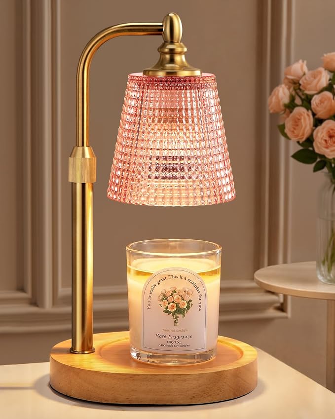 Hong-in Candle Warmer Lamp with Timer Dimmer, Birthday Gifts for Women, House Warming Gifts for New Home, Vintage Room Decor, Adjustable Height Candle Lamp, Wax Warmer for Scented Jar Candles, Pink
