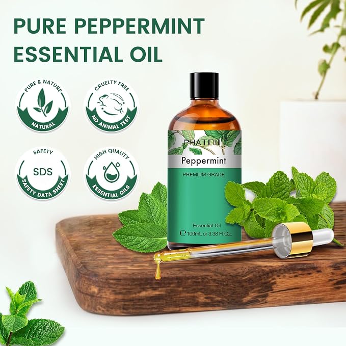 PHATOIL Peppermint Essential Oil, Huge 3.38 Fl Oz Pure and Natural, Premium Grade Essential Oil for Diffuser and Aromatherapy