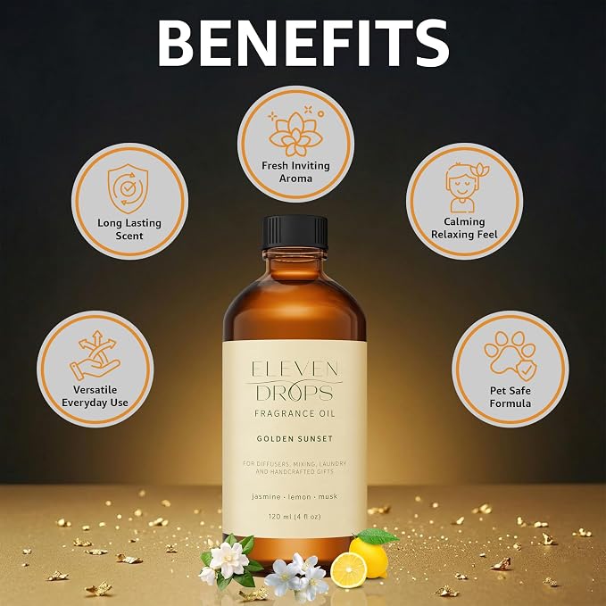 Golden Sunset Fragrance Oil | Jasmine, Lemon & Musk Notes | Long Lasting Scent Reed Diffuser Oil for Home, Office, Hotel, Spa, Car & Linen Spray | Pet Friendly IFRA Compliant, 4 oz