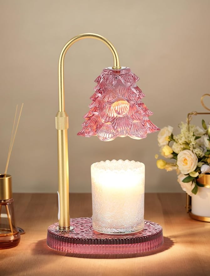 Candle Warmer Lamp with Timer & Dimmer, Crown Glass Lamp Candle Warmer for Jar Candles, 2 Bulbs, Height Adjustable Electric Wax Warmer for Elegant Home Decor (Blush Pine)