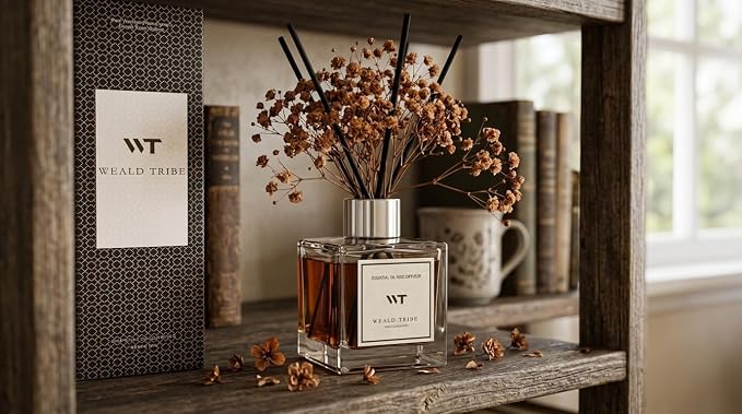 WEALD TRIBE Reed Diffuser Set for Bathroom Air Fresheners with Real Flower, Oil Diffuser Stick | Vanilla Whiskey Scent 5.1 fl oz Home Fragrance with Sticks Defusers | House Bedroom Office Shelf Decor