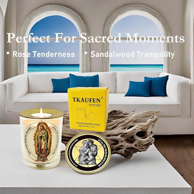 Lady Guadalupe Rose Scented Candle 50 Hours with Warmer Ring│Hand-Poured Natural Soy Wax│Universal Mother, Love, Patroness, Devotee, Blessing, Family Unity│Design in Paris│3“×3.6”