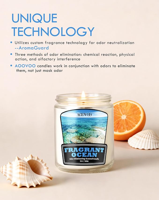 AOOVOO Fragrant Ocean Odor Eliminating Candle - Up to 50 Hours Burn time, Eliminates 95% of Pet, Smoke, Food, and Other Smells Quickly, 9 oz Non Toxic Highly Fragranced Air Freshing Soy Candle
