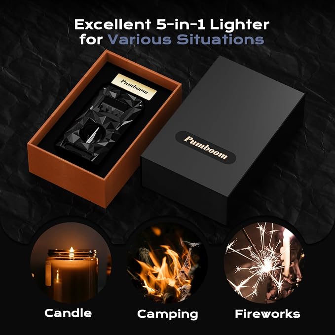 5-in-1 Windproof Lighter with Punch, Draw Enhancer, Holder, Triple Jet Flames and Tool, Butane Torch Lighter, Versatile Accessories for Travel, Candle, Lighter Gifts for Men (Without Butane)