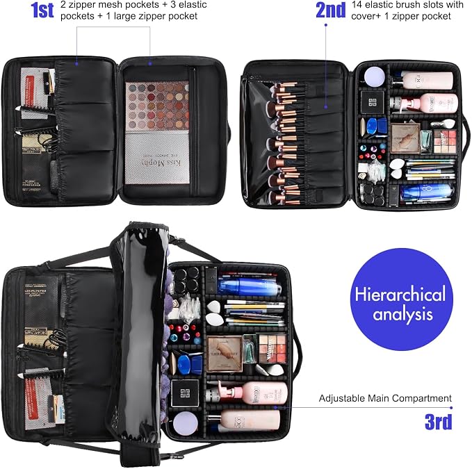 Relavel Extra Large Makeup Case, Makeup Artist Set Bag Professional Cosmetic Organizer Bag Storage Box with Makeup Brush Holder, Adjustable Dividers and Shoulder Strap, Black