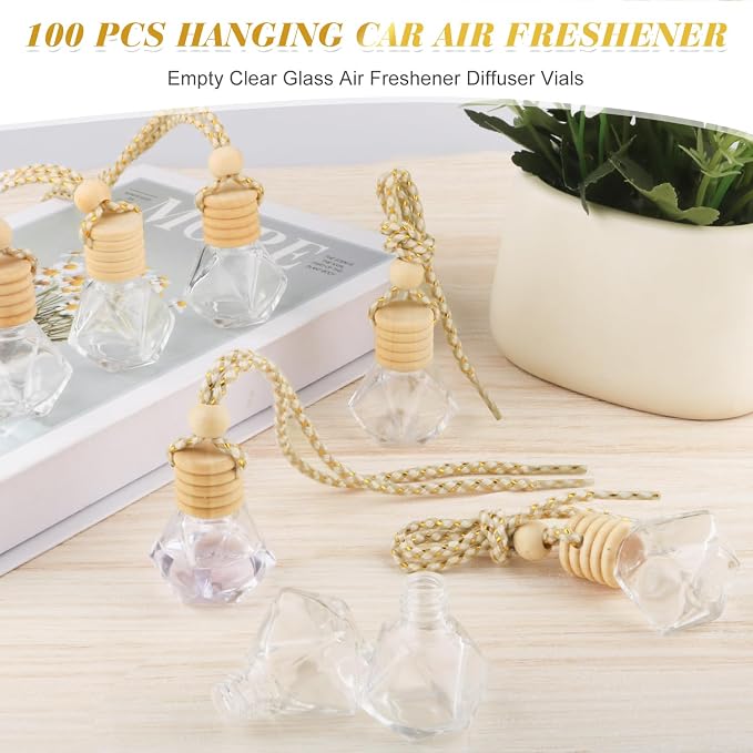 100 Pcs 8ml Hanging Car Air Freshener,Empty Clear Glass Essential Oil Diffuser Perfume Aromatherapy Pendant Bottle Vials Ornament Decor With Wooden Caps & Hanging String-Diamond Shape