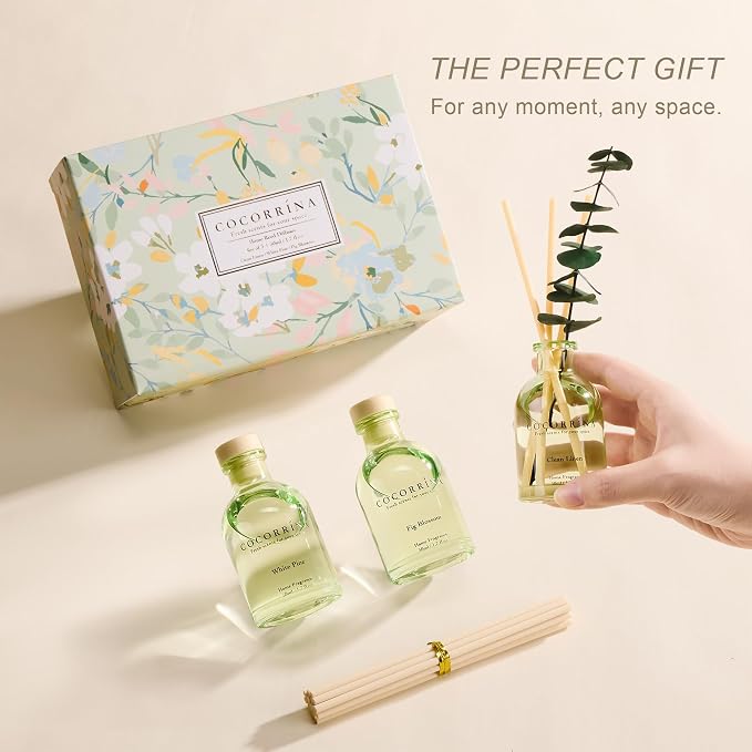 COCORRÍNA Eucalyptus Reed Diffuser Set of 3 - Clean Linen, White Pine, Fig Blossom Scents, 1.7 fl oz Each, Total 5.1 oz, Scented Oil Diffusers for Home & Office