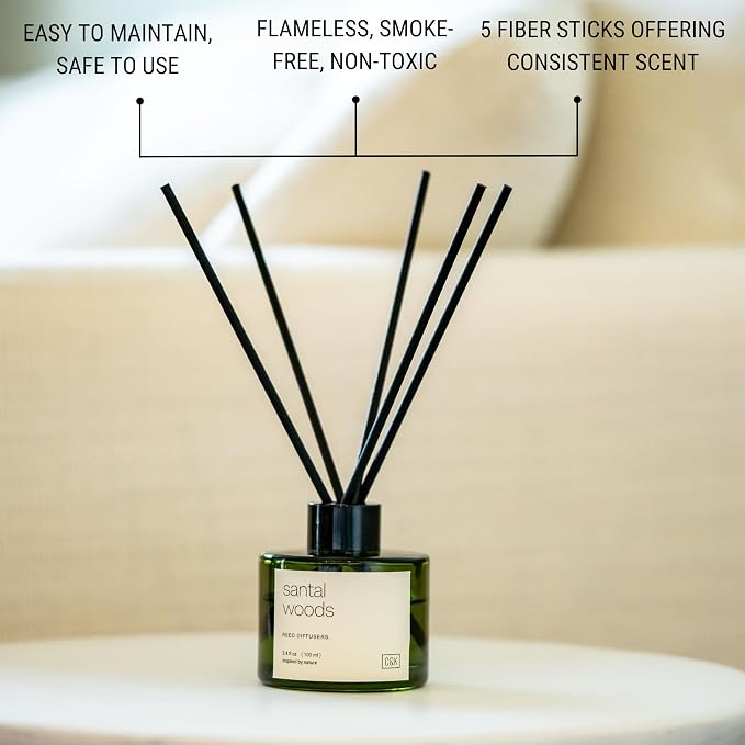 Craft & Kin Premium Oakwood Reed Diffuser – 3.4 oz Natural Essential Oil Diffuser for Home & Bathroom – Long-Lasting Fragrance with Rattan Scent Sticks – Green Glass Room Decor