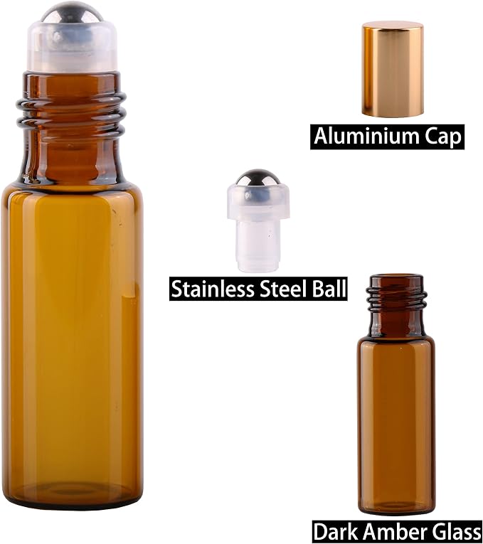 MaxMau Pack of 100,5ml Amber Glass Roller Bottles for Essential Oils Refillable Roll on Bottle with Stainless Steel Roller Balls Golden Cap For Home Travel Aromatherapy