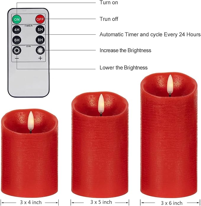 ANGELLOONG Red Flameless Candles with Remote and Timer, Real Wax Flickering Fake Pillar Candles Battery Operated, Electric LED Candle for Bathroom Table Decor Birthday Gifts for Him Her, Set of 3