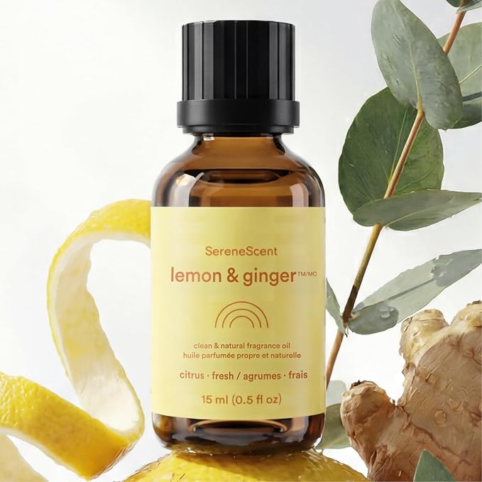 Homedics SereneScent Wellness Oil Refill for Waterless Diffusers, Lemon & Ginger, 15ml Plug & Play Fragrance Oil Bottle, Aromatherapy Scent Refill for Home, Office, Bedroom, Compact Diffusers