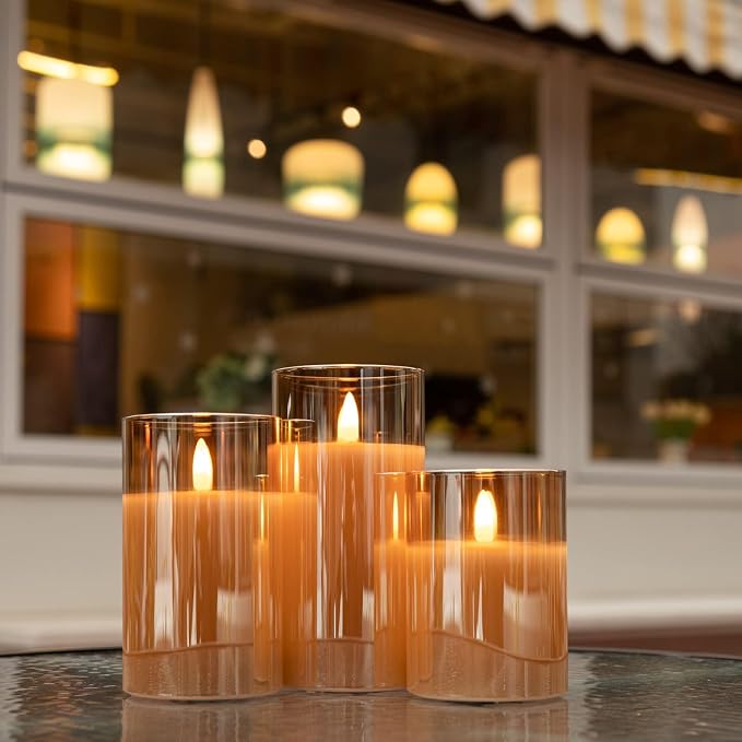 ANGELLOONG Gold Candles for Bathroom Decor, Glass Flameless Candles with Remote, Battery Operated LED Pillar Fake Candles with Timer for Christmas Home Fireplace Mantle Fall Decor