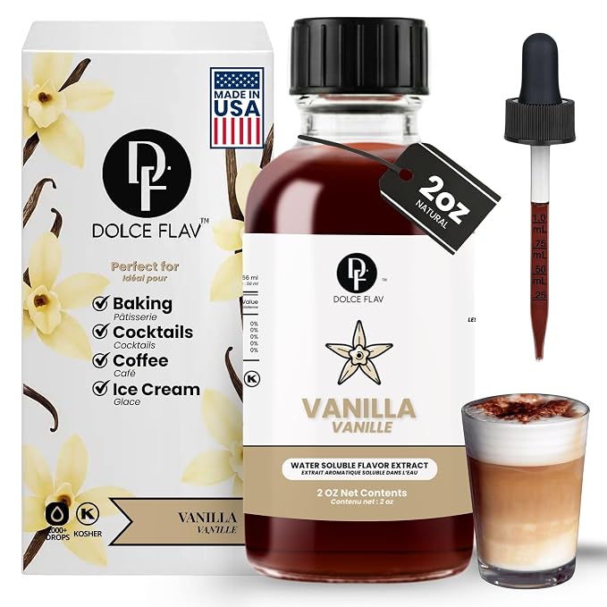 Dolce Flav Vanilla Extract – 2 Ounce Water-Soluble Kosher, Sugar-Free, Concentrated Vanilla Flavoring for Baking, Cookies & Desserts, Includes Measured Dropper