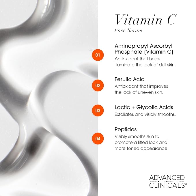 Advanced Clinicals Brightening Vitamin C Serum For Face With Glycolic Acid + Lactic Acid | Vitamin C Eye Serum Face Moisturizer For Improving Look Of Dark Spots & Uneven Complexion, 1.75 Fl Oz