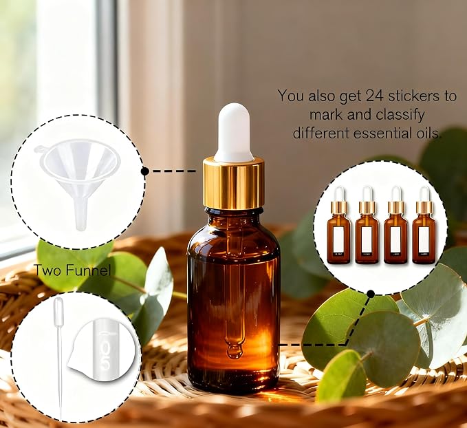 PrettyCare Glass Eye Dropper Bottles 99 Pack, 0.5oz (15ml) Small Amber Empty Thick Bottles with Leakproof Golden Caps - With Labels & Funnels for Storage, Travel, Essential Oils, Tinctures